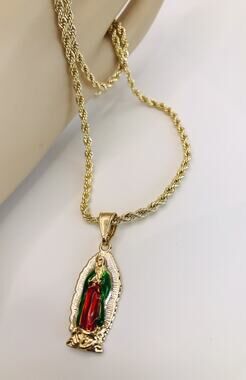 Women Men Virgen De Guadalupe Necklace 24" 14K Gold Cadena Oro Laminado Rope